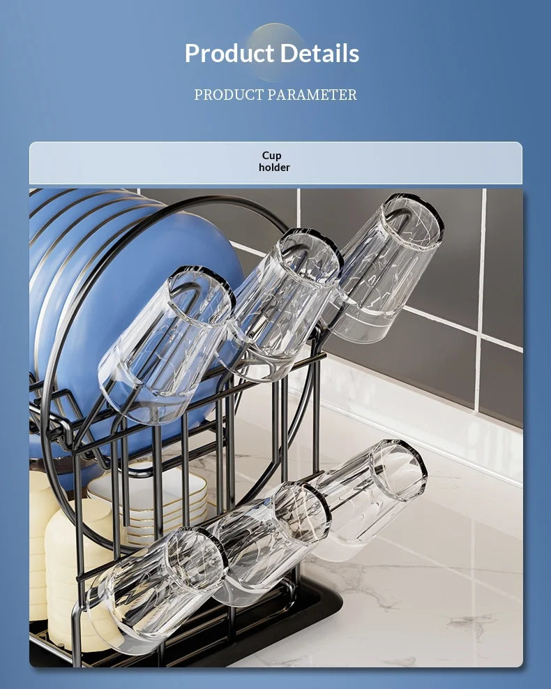 2-Layer Dish Drain Rack for Kitchen Countertop with Utensil Holder Cup Hanger Thickened Bowl Plate Organiser Storage Shelf