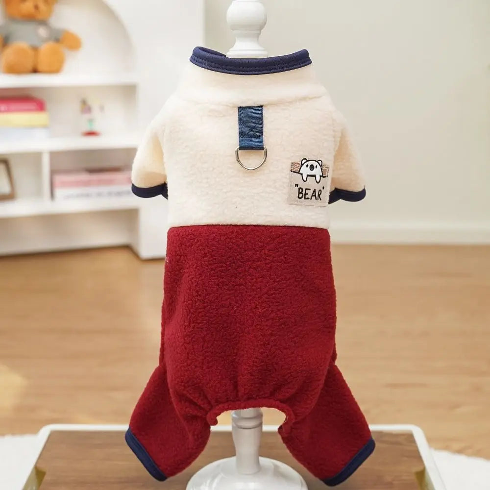 Warm Dog Jumpsuit – Polar Fleece Four-Legged Pants with Stand Collar, Cartoon Bear Pattern, D-Ring Puppy Harness Coat
