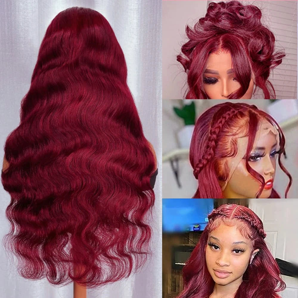 180% Density 13x4 Body Wave Hd Lace Frontal Human Hair Wig For Black Women Pre plucked 99j Lace Front Brazilian burgundy Wigs