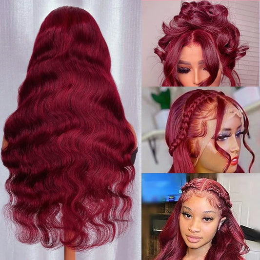 180% Density 13x4 Body Wave Hd Lace Frontal Human Hair Wig For Black Women Pre plucked 99j Lace Front Brazilian burgundy Wigs