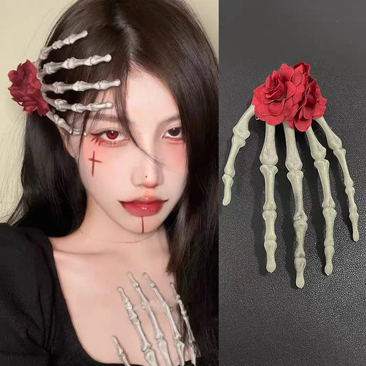 Dark Gothic Style Skeleton Hand Rose Hair Clip Headwear Hair Accessory Hairpin Hairstyle For Halloween Party Makeup Cosmetic