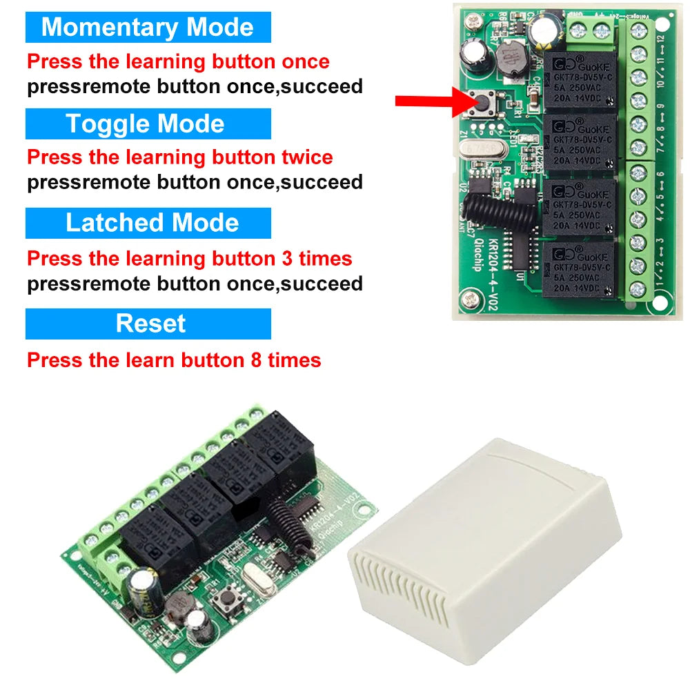 QIACHIP 4CH 433.92MHz Relay Module – DC 5V/12V/24V/48V 10A Wireless Remote Control Switch for EV1527, DC Motor DIY