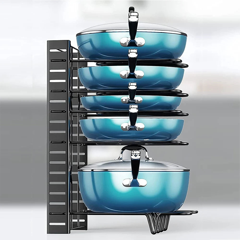 8 Tiers Pan Pot Organiser Rack 3 DIY Methods Adjustable Cabinet Pantry Pots Lids Storage Rack Kitchen Organization