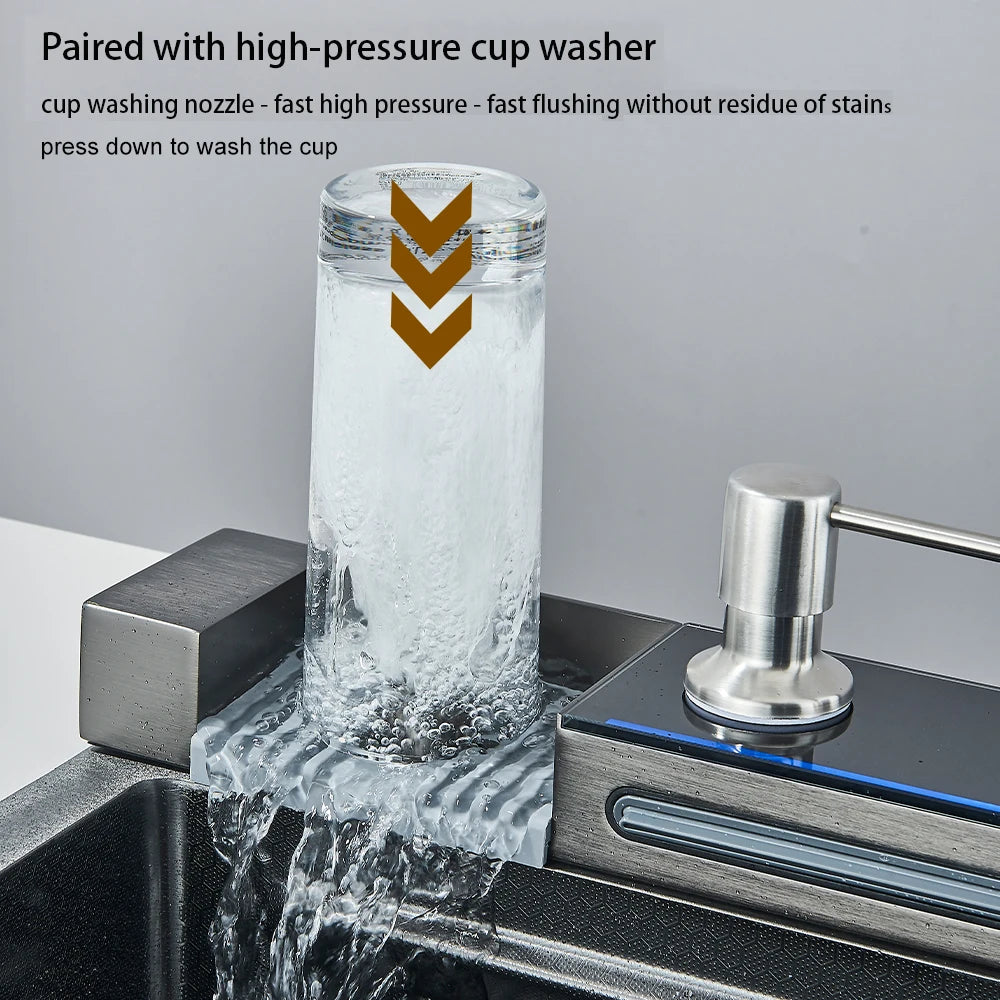 Multifunctional Kitchen Waterfall Sink Digital Display Large Single Gray Sink Dish Basin Sink 304 Stainless Steel