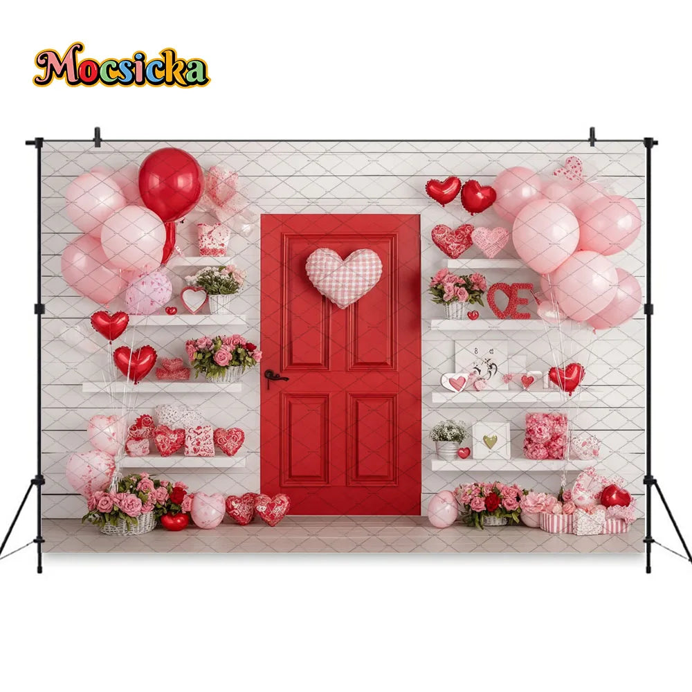 Mocsicka Valentine's Day Shop Backdrop Photography Pink Storefront Heart Balloon Red Rose Background Kids Birthday Photo Studio