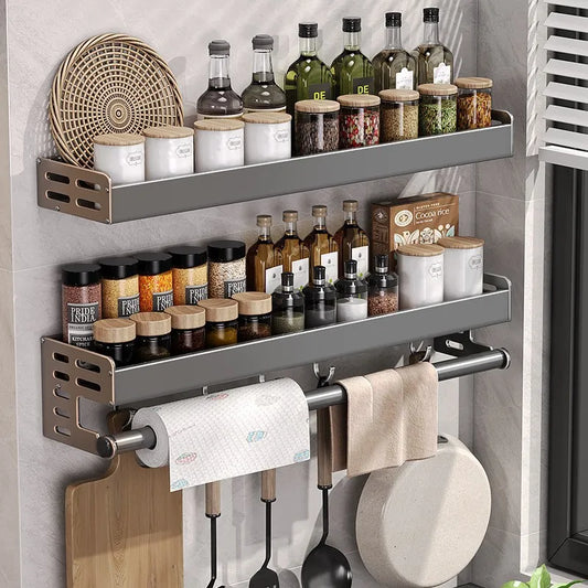 No Drill Kitchen Wall Mounted Spice Rack Space Saving Multifunctional Organiser with Hooks & Paper Towel Holder