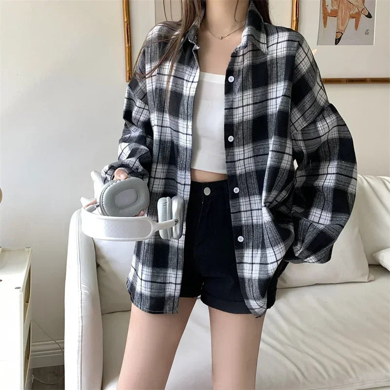 Long Sleeve Collared Button-Up Tartan Black Flannel Shirt