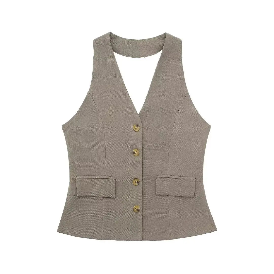 Women's Linen Look Halterneck Vest And Wide Leg Trouser
