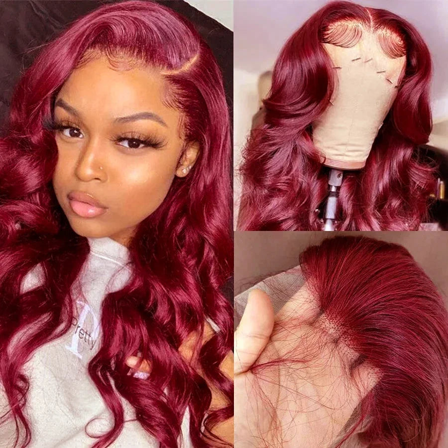 200% Density 99J Burgundy Body Wave 13x6 HD Transparent Lace wigs Frontal Wigs Brazilian Virgin Hair Pre plucked Wigs For Women