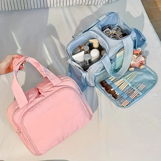 Standing Travel Makeup Bag, Large Capacity Multi Zone with Handle, Multi Compartment Women's Portable Toiletries Bag