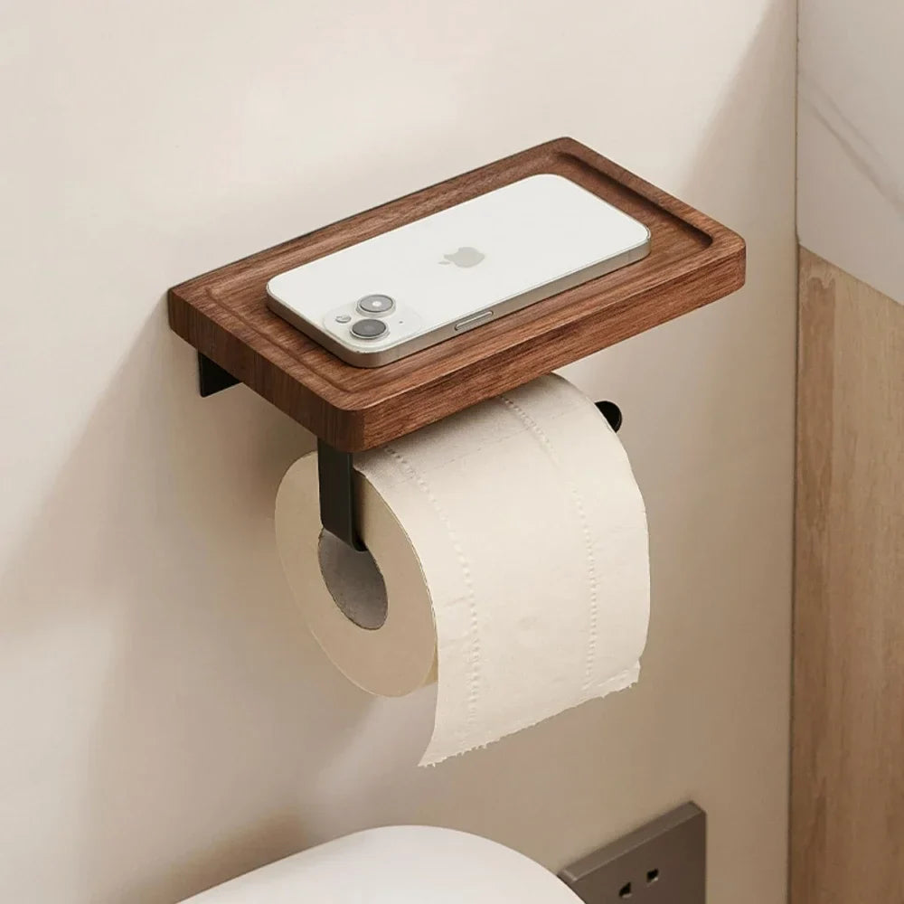 Modern Wooden Bathroom Wall Storage Rack – Shelves, Towel Bar & Hooks Set