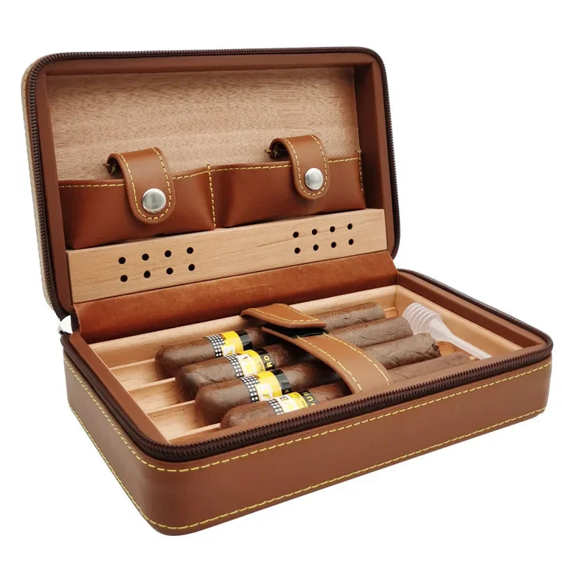 4pcs Humidor Cigar Box Travel Cigar Case orginiser without cutter lighter Leather Cedar Wood Cutter smoking accessories storage