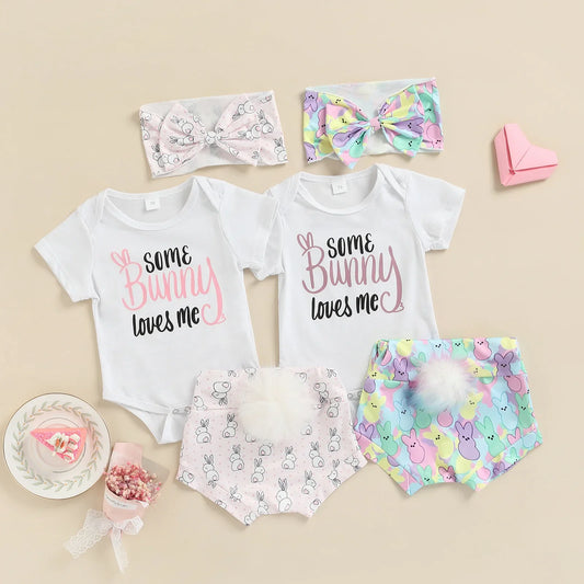 Children's Wear 2025 Easter Set Infant and Toddler Letter Short Sleeve Rabbit Printed Shorts Set