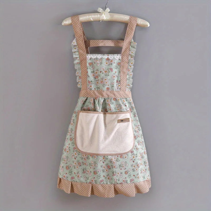 1pc Strap Canvas Floral Apron with Hood, Waterproof Oil-resistant Breathable Workwear Waist Apron
