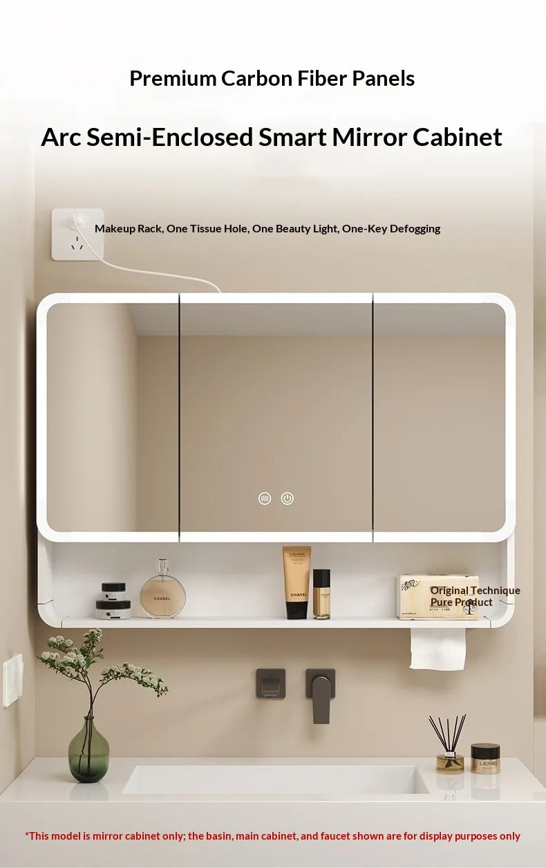 Bathroom Mirror Led Light Wall Mounted Carbon Fiber Curved Rounded Corner Smart Storage Mirror Cabinet Home Furniture Homehold