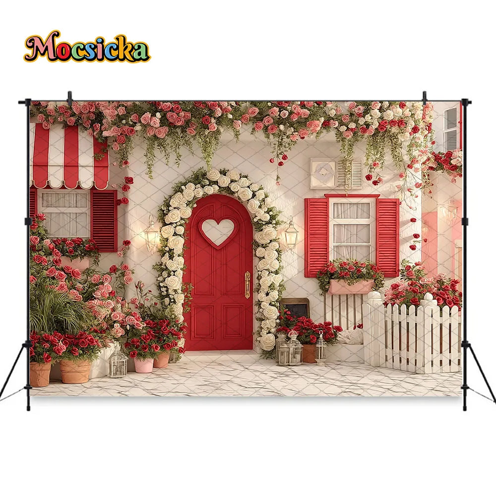 Mocsicka Valentines Day Flower Shop Backdrop Photography Red White Striped Floral Garden Background Kid Photo Shoot Studio Decor