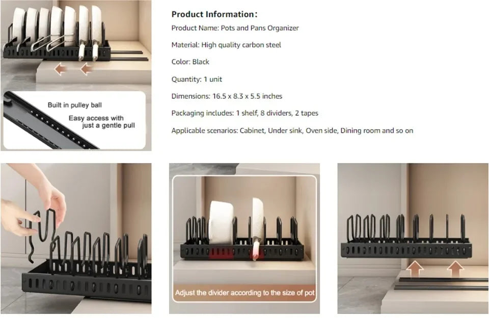 Kitchen Cabinet Pull Out Tray Organiser Adjustable Dish Rack with Slide Rails for Pots and Pans Storage