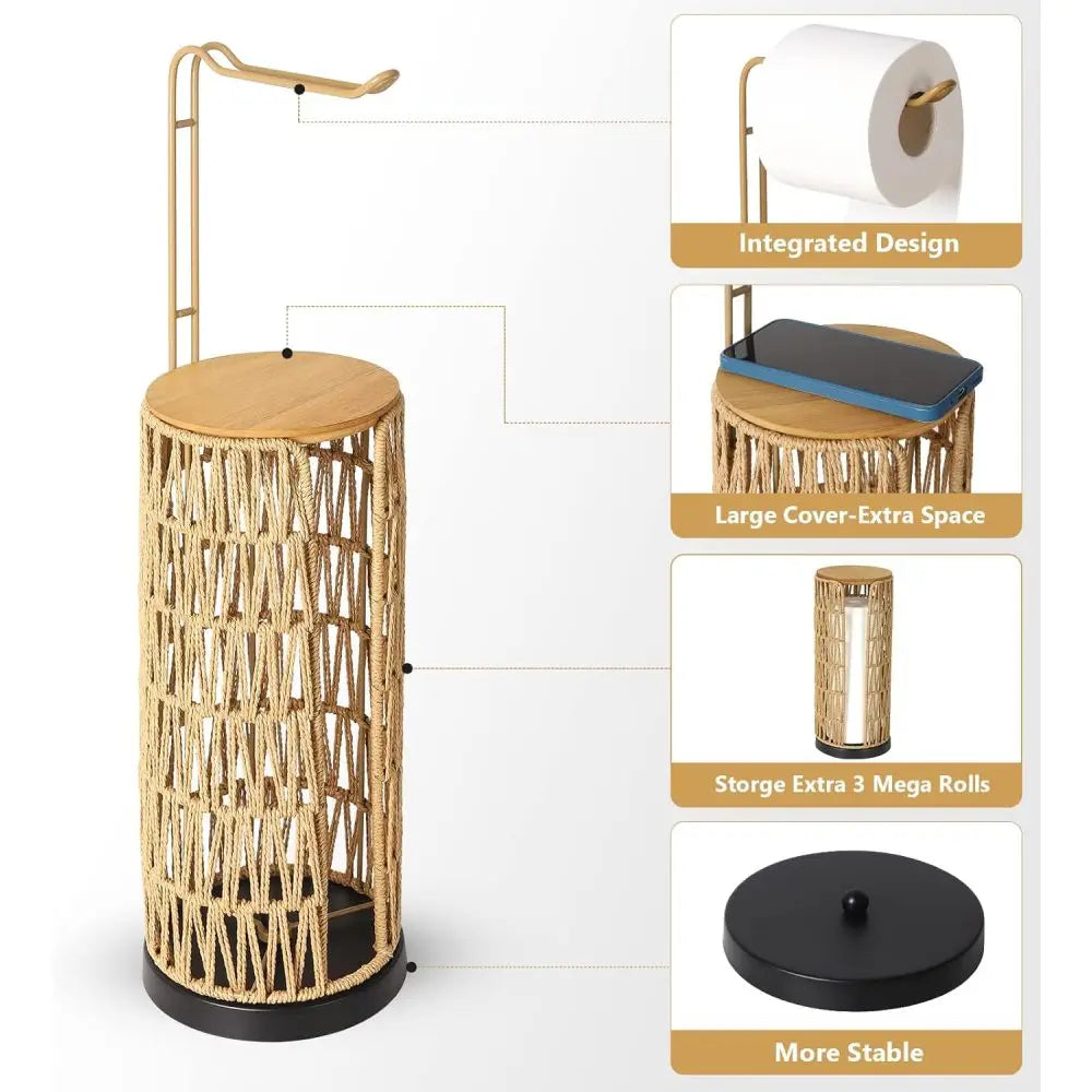 Freestanding Toilet Paper Holder with Storage,3 Rolls of Tissue Holder for Bathroom,Handmade WovenToilet Roll Holder Stand