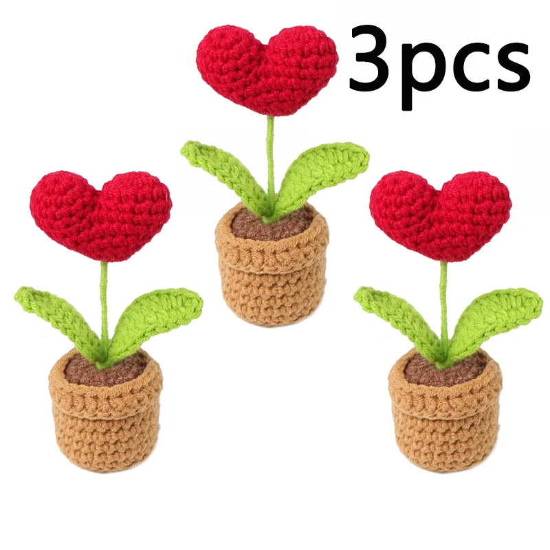 1/2/3/5Pcs Handmade Knitted Flower Pot Red Heart Shaped Knit Imitation Potted Plant Christmas Valentine's Day Mother‘s Day Gift
