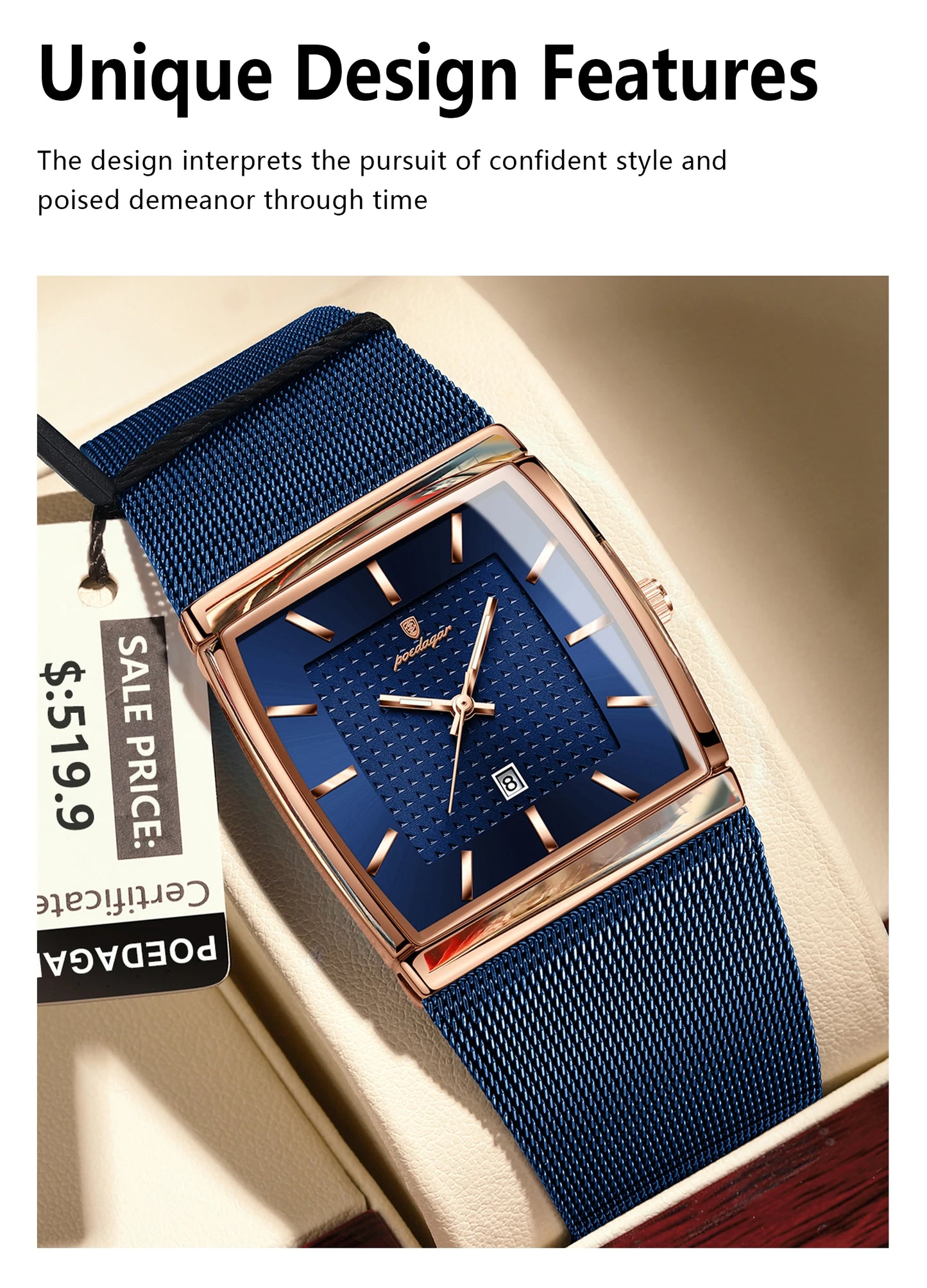 POEDAGAR Top Original Men Watch Waterproof Luminous Date Rectangle Man Wristwatch Mesh Stainless Steel Men's Quartz Watches Male