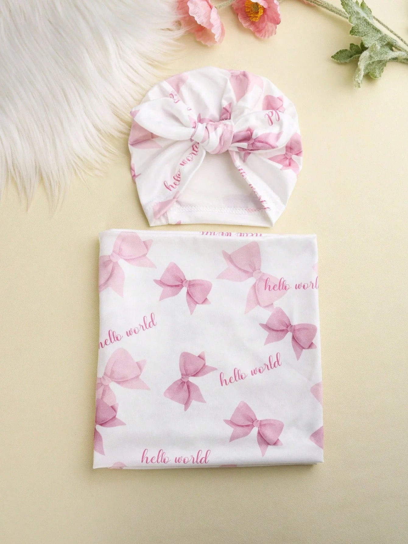 Ylsteed Newborn Photography Receive Blanket Newborn Bow Print Swaddle Blanket with Hat Bedding Infant Bath Towel Baby Items-HD