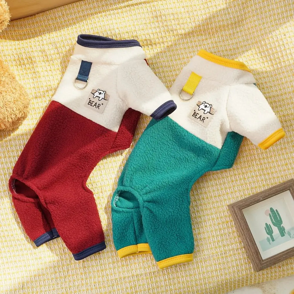 Warm Dog Jumpsuit – Polar Fleece Four-Legged Pants with Stand Collar, Cartoon Bear Pattern, D-Ring Puppy Harness Coat