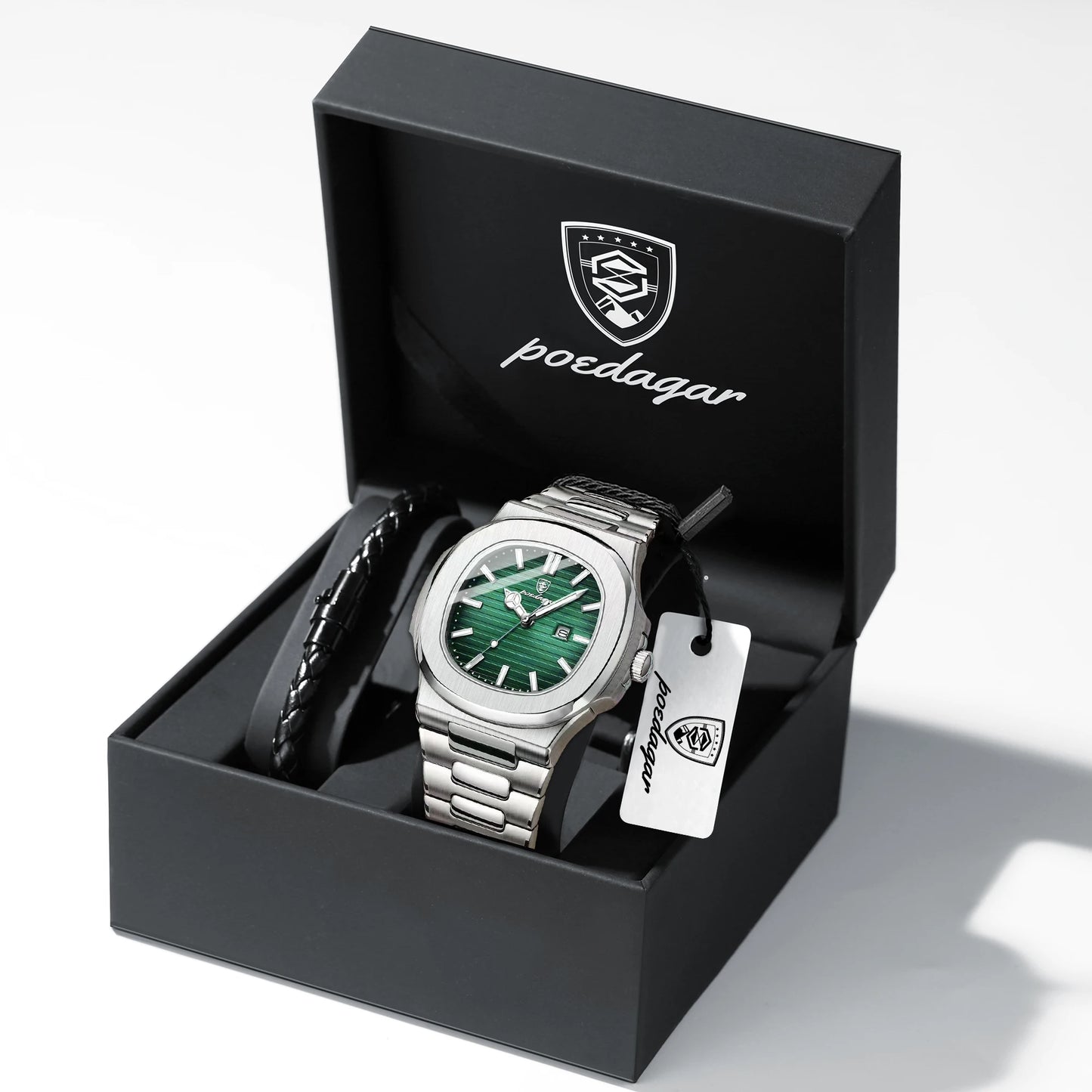 POEDAGAR Top Classic Men Wristwatch Waterproof Luminous Date Square Watch For Man Stainless Steel Sport Men's Quartz Watches+Box