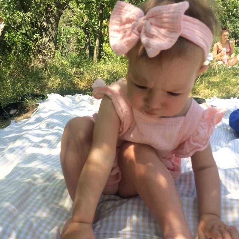Organic Cotton Baby Girl Clothes Summer New Double Gauze Kids Ruffle Romper Jumpsuit Headband Dusty Pink Playsuit For Newborn 3M