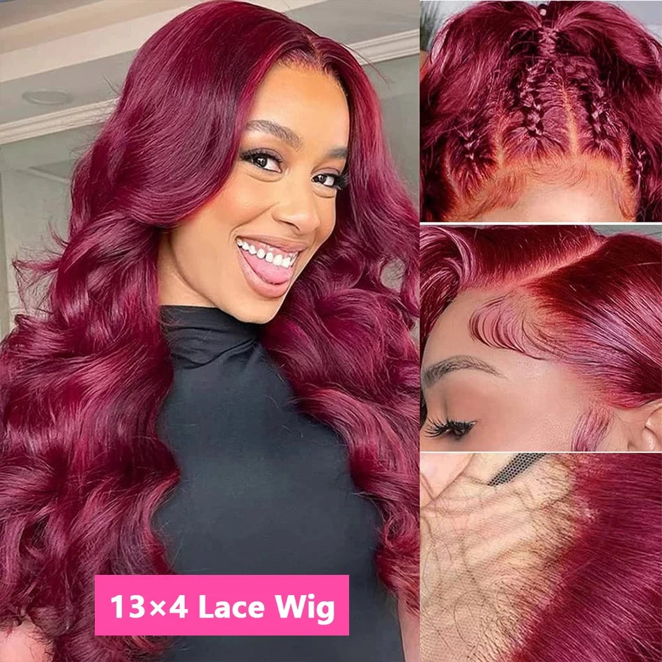 180% Density 13x4 Body Wave Hd Lace Frontal Human Hair Wig For Black Women Pre plucked 99j Lace Front Brazilian burgundy Wigs