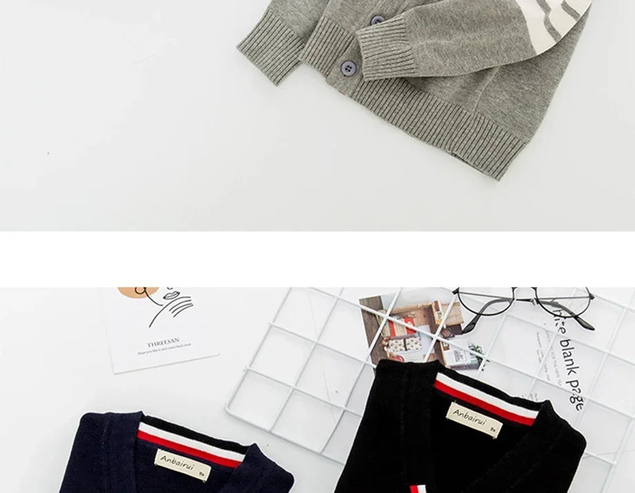 Kids Striped Knit Cardigan – Soft Cotton V-Neck Sweater for Boys & Girls, Warm Autumn Winter Knitwear