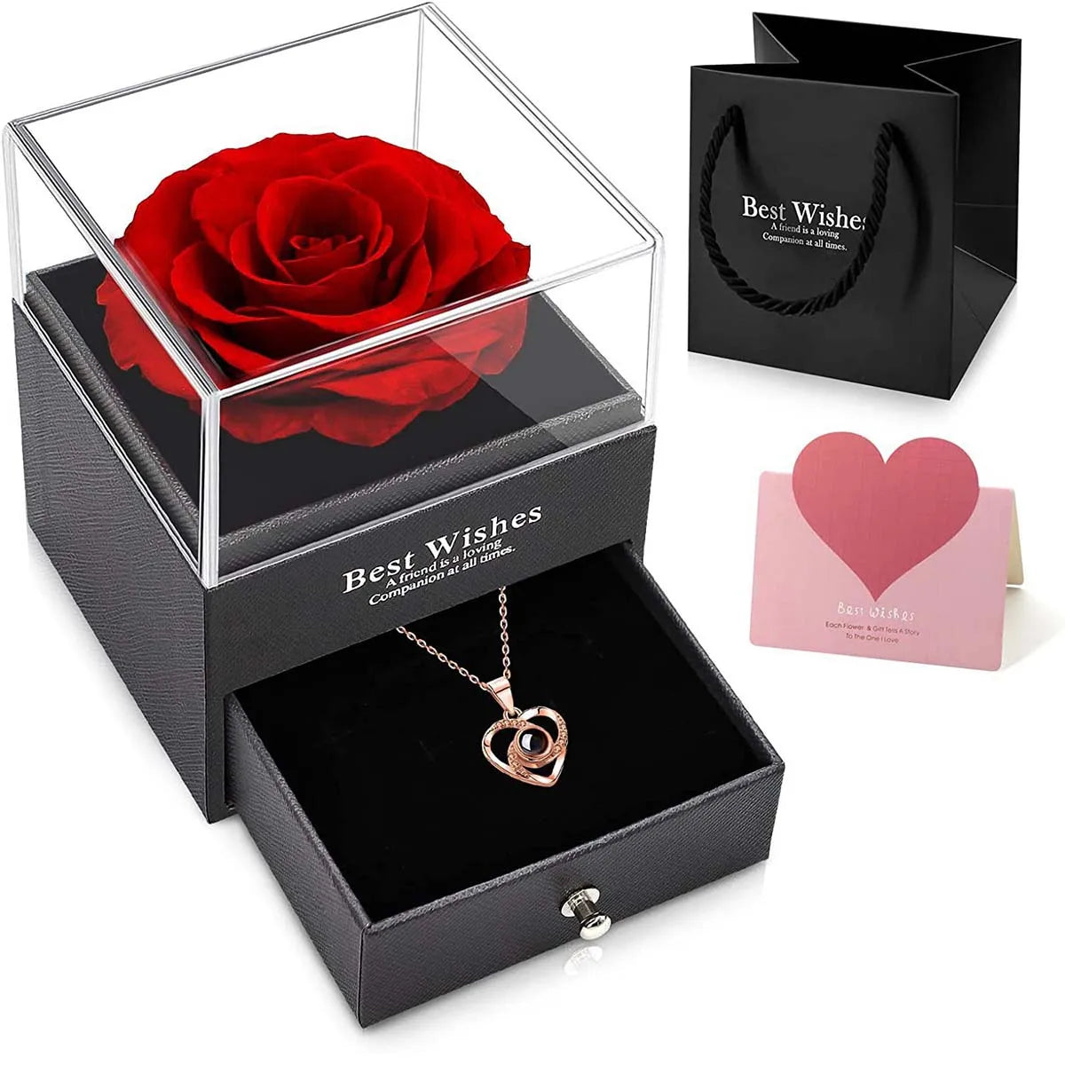 1set Hollow Zircon Love Necklace Female Mothers Day Eternal Flower Artificial Flower Gift Box Jewelry Box