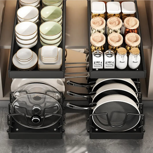 1Pc Adjustable Pull Out Pot Pan Rack Kitchen Cabinet Organiser, Expandable Kitchen Storage Holder for Pots Pans Lids Dishes