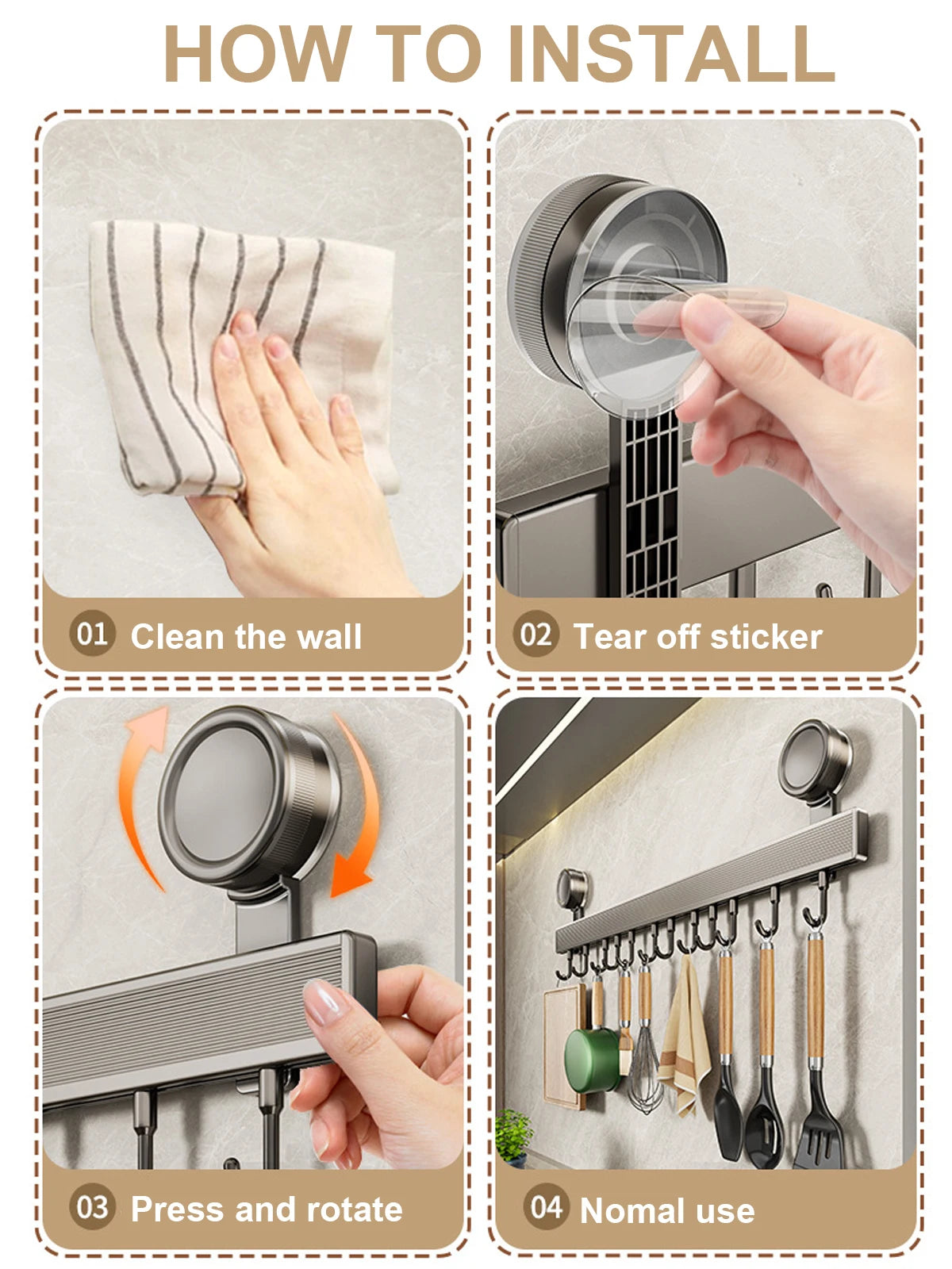 Kitchen Hook Hangers Wall Mount Rack No-Punching Wall Rail Kitchen Utensils Rack Spoon Shovel Chopping Board Storage Rack