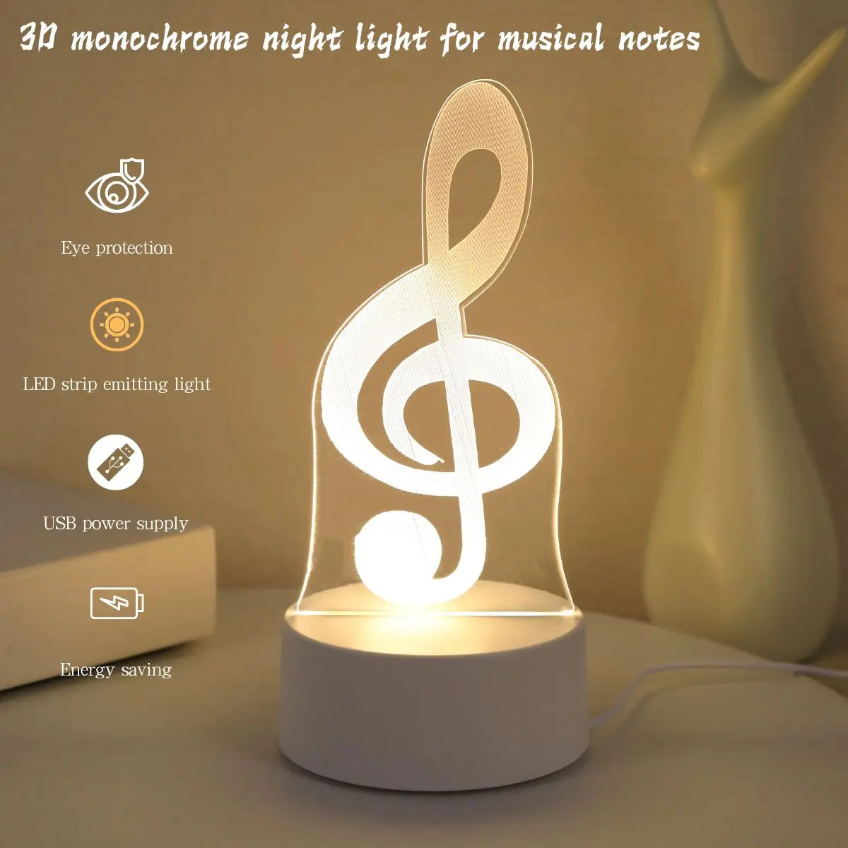 USB 3D note shaped night lights, musician collection lights, bedroom party and holiday decoration lights, friend gift lights.