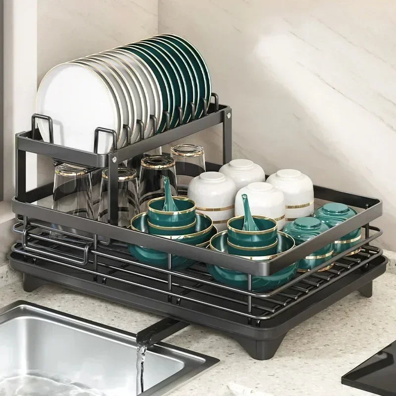 Double-layer Dish Rack Adjustable Draining Multifunctional Kitchen Countertop Organiser Hot-selling Bowls Plates Storage Saving
