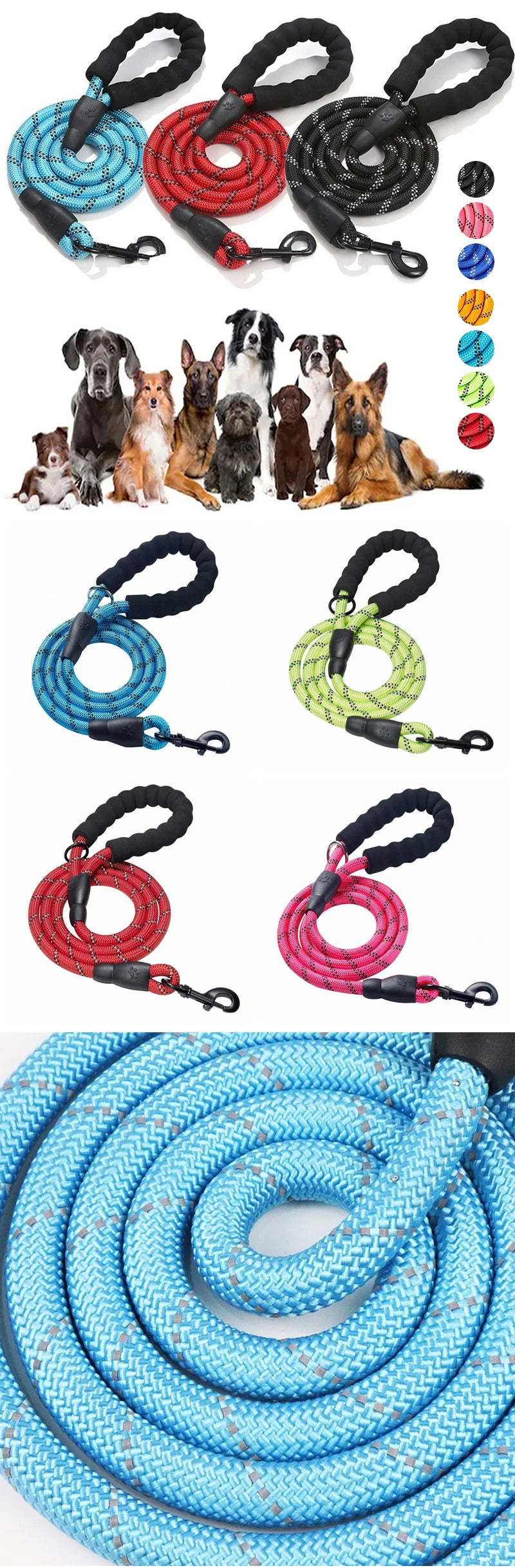3M Reflective Dog Leash – Padded Handle, Heavy-Duty Double Traction Rope for Small to Large Dogs
