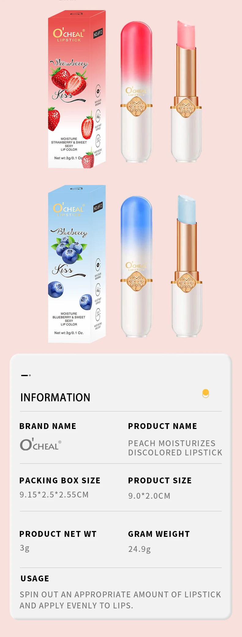 O'CHEAL Color Fruit Lipstick Peach Lip balm