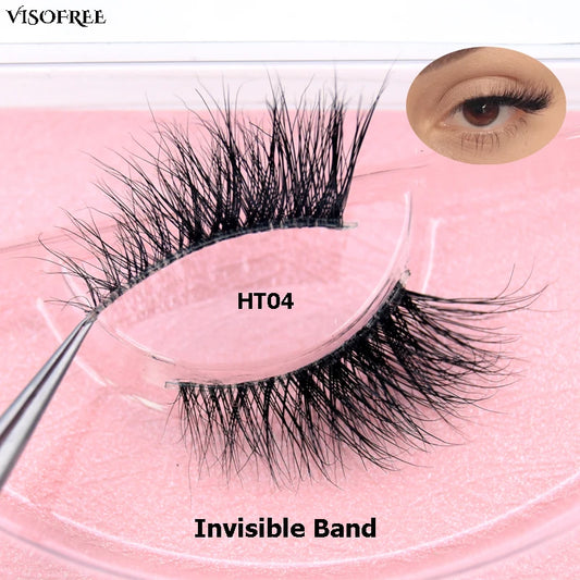 Visofree 3D Mink Half Lashes – Natural Long False Eyelashes with Clear Band, Handmade HT04
