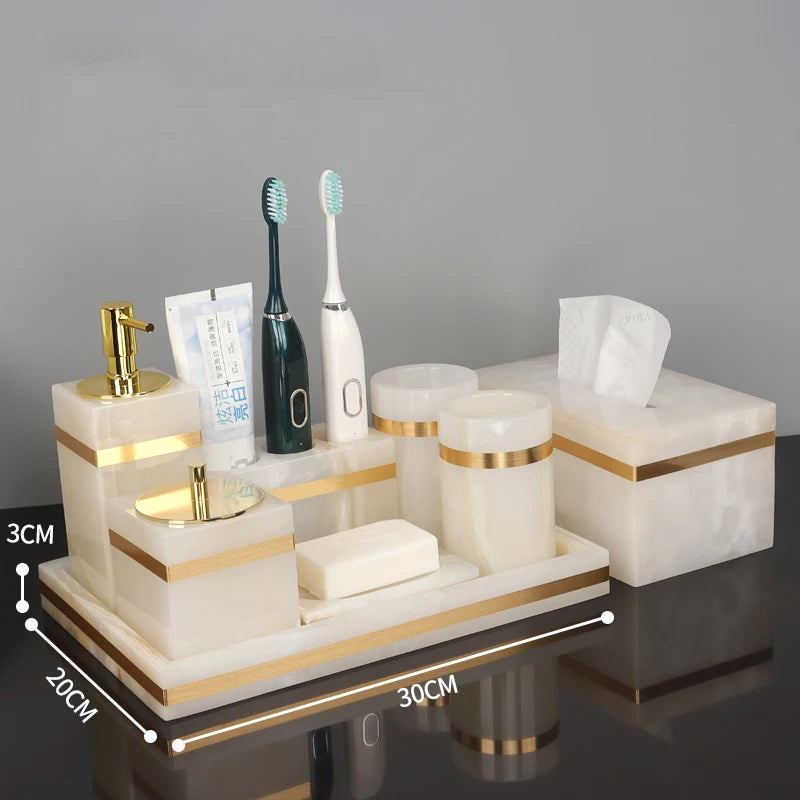 White Onyx Natural Marble Bathroom Accessories Gold Luxury Soap Dispenser Cotton Swab Holder Toothbrush Holder Bathroom Set