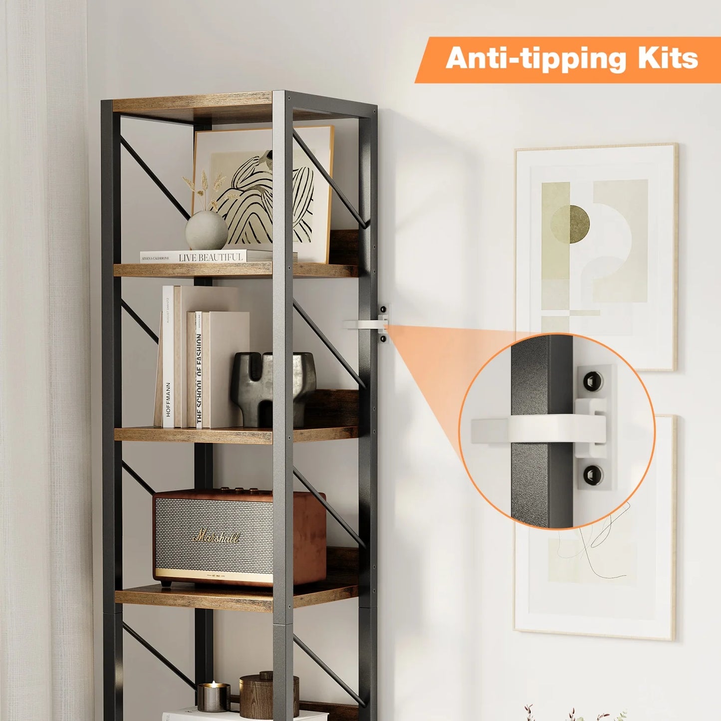 Bookshelf Narrow Bookcase Tall Skinny Storage Rack Shelf 6 Tier Industrial Bookshelf Display Racks for Home Office