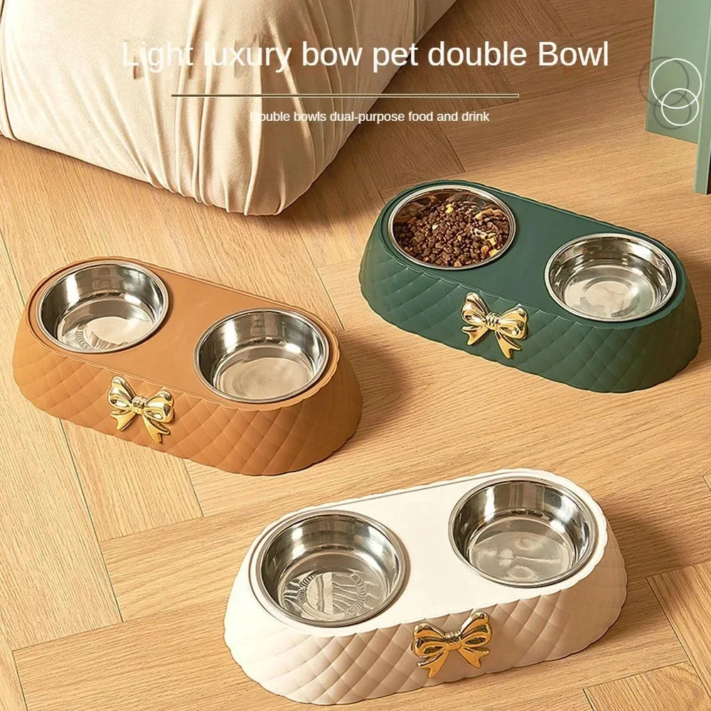 Double Pet Bowl for Cats & Dogs – Bow-Tie Design, Stainless Steel Food & Water Feeder with PP Base