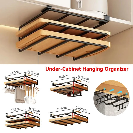 Kitchen Hanging Organiser Rack with Hooks Under Cupboard Paper Towel Rags Hanger Cutting Board Pot Cover Holder Storage Shelf