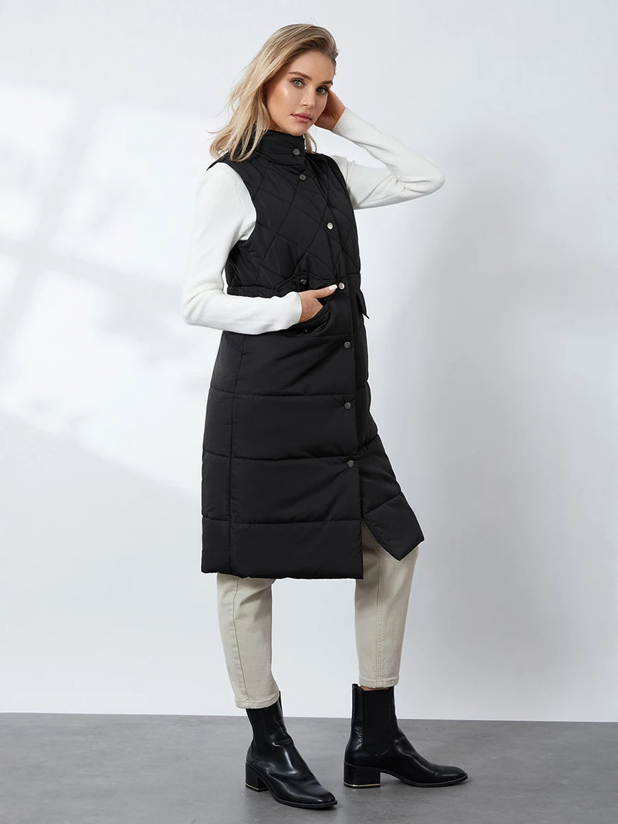 Women Quilted Puffer Vest Solid Color Warm down Jacket Button Cardigan for Winter Outwear Streetwear