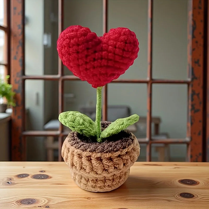 1/2/3/5Pcs Handmade Knitted Flower Pot Red Heart Shaped Knit Imitation Potted Plant Christmas Valentine's Day Mother‘s Day Gift