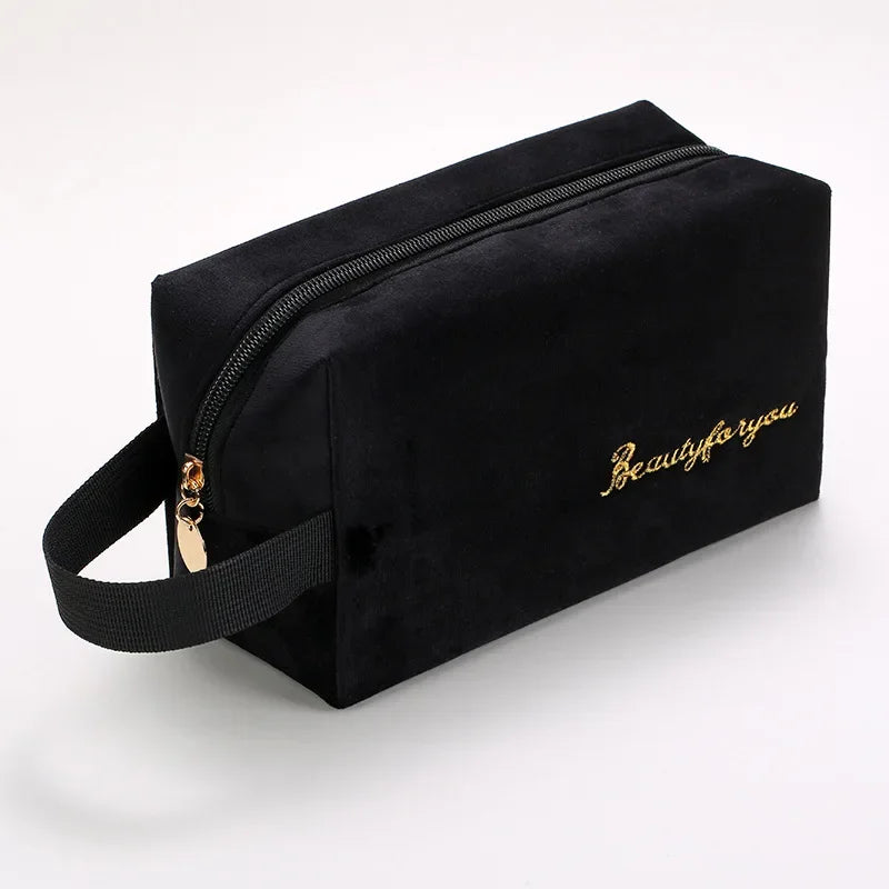 Plush Cosmetic Bag for Women – Large Zipper Makeup & Toiletry Travel Pouch, Solid Color Beauty Bag