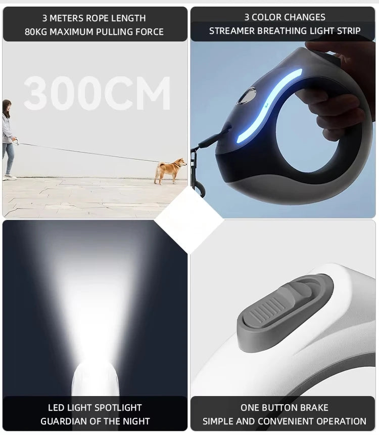 Automatic 3M Dog Leash with Flashlight LED Streamer Roulette Automatic Retractable Nylon Rope for Cat Walking Running Lead