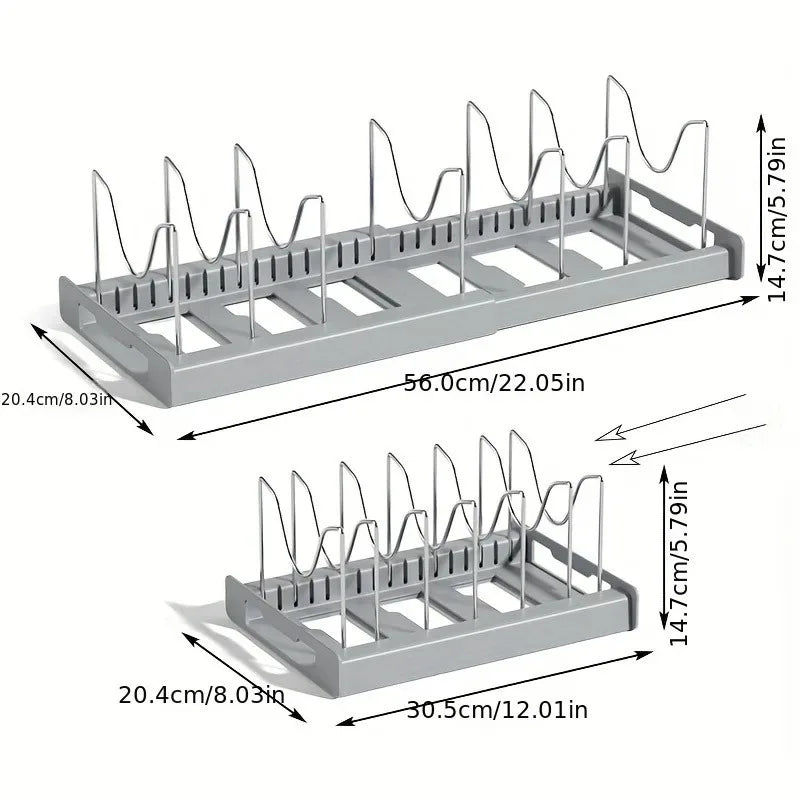 Expandable Kitchen Cabinet Pot Organiser - Adjustable Divider Rack, Multi-Use Storage Solution for Pots, Pans & Lids