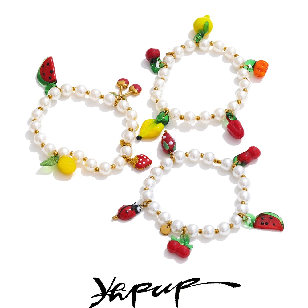 Yhpup 5 Style Trendy Handmade Beads Jewelry Simulated Pearls Chain Fruit Drop Bracelet Bangles Stainless Steel Wrist Accessories