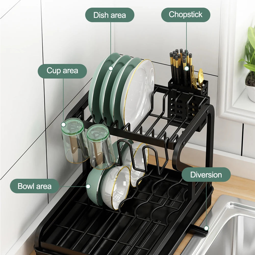Dish Drying Rack 2/3-Tier Kitchen Organiser Dish Rack Drainboard Set Kitchen Accessories Organize Countertop Dinnerware Storage