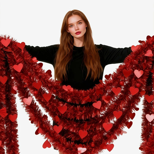 6-meter Artificial Valentine's Day Heart-shaped Vine - Festival Decoration Artificial Flower - Red Heart-shaped Hanging Ribbon